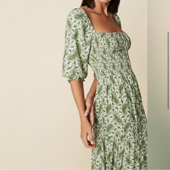 Faithfull The Brand Le Galet Midi Dress Sable Paisley Green Smocked Square Neck - Picture 7 of 10